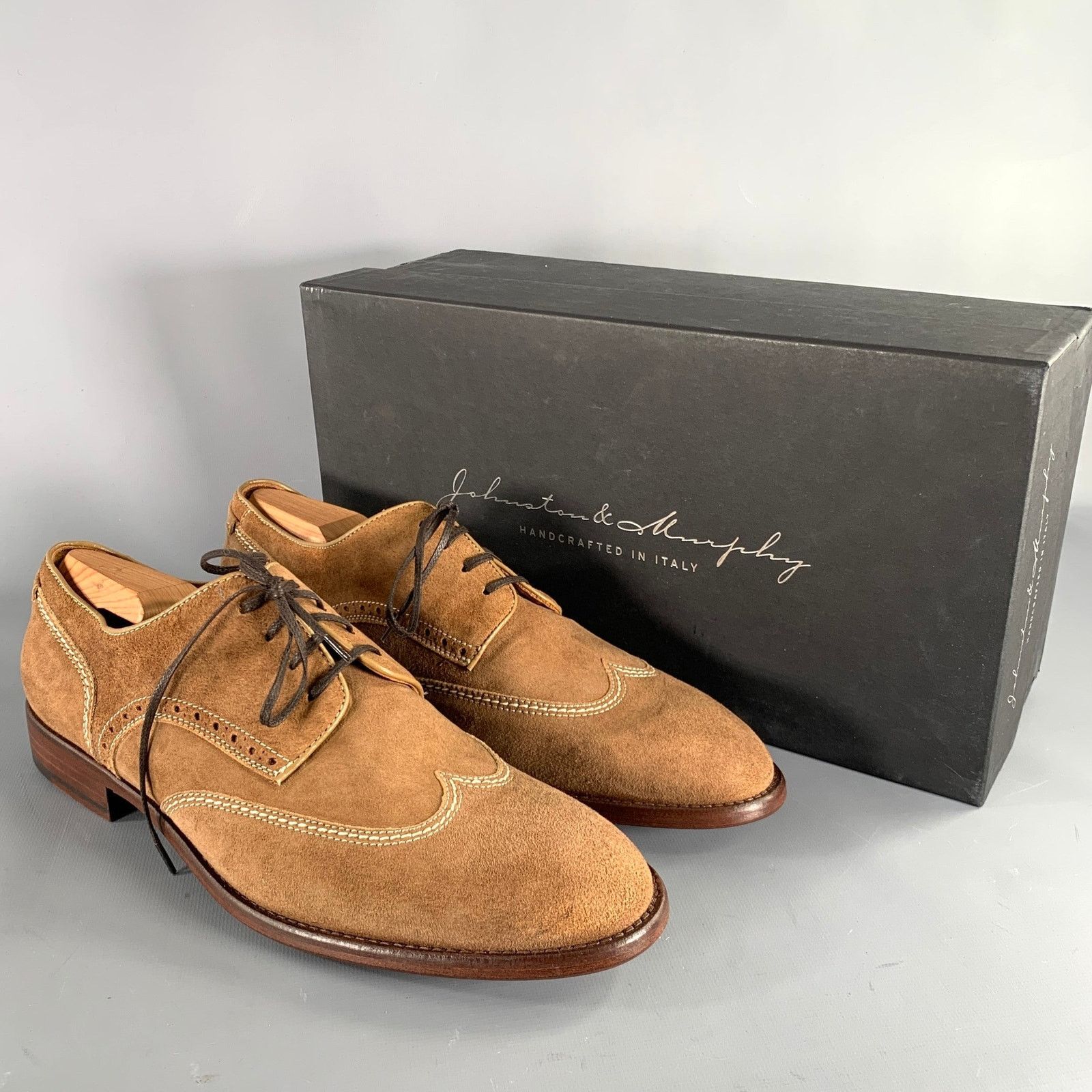 Johnston & Murphy 10 Brown Contrast Stitch Suede Wingtip Lace-Up Shoes Size US 10 / EU 43 - 9 Thumbnail