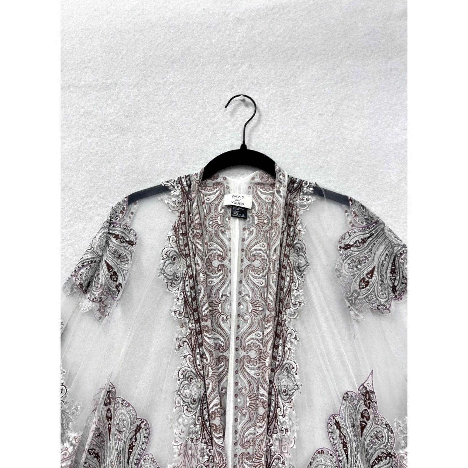 Vintage David And Young Paisley Sheer Fringe Kimono Cardigan Womens OS One Size White Polyester Rayon Blouse Open Front Fringe Shawl 90s? Size ONE SIZE - 5 Thumbnail