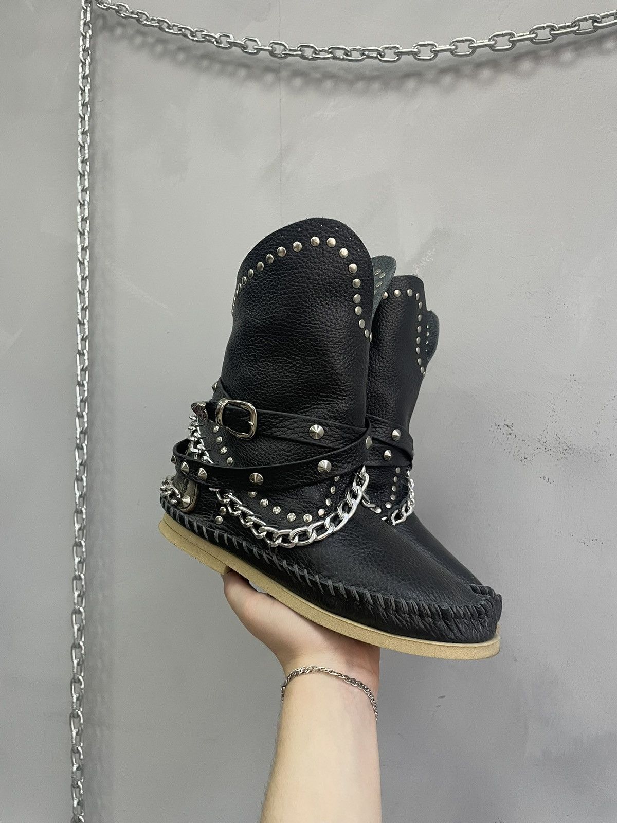 If Six Was Nine Gothic chain studded y2k boots black leather 14thaddiction Size US 5.5 / IT 35.5 - 2 Thumbnail