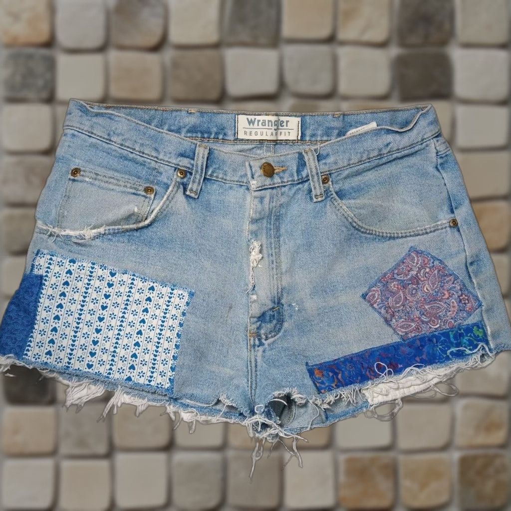 VINTAGE Recycled Wrangler Women Jean Shorts 34 Distressed Patchwork Upcycled Boho Casual Fall Spring Summer