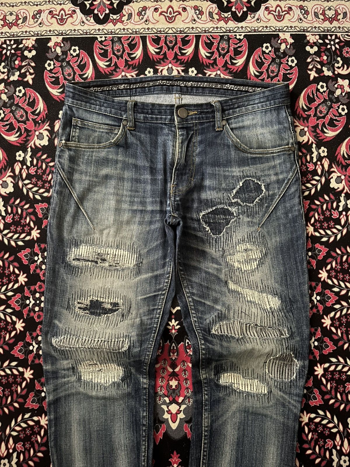 Japanese Brand × NANO universe × Number (N)ine ⚡️Sick⚡️Number (N)ine Blue Washed ZigZag Sashiko Patches Capri Size US 32 / EU 48 - 3 Thumbnail