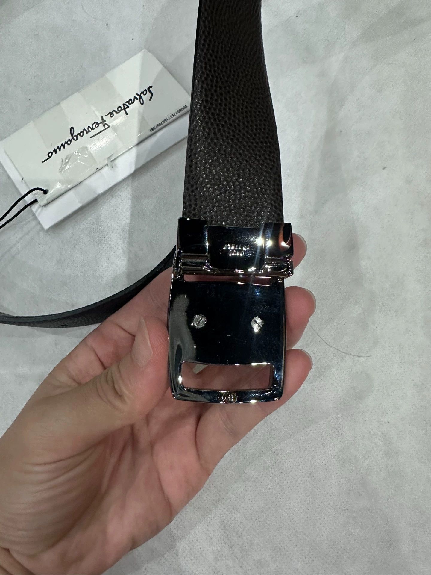 Salvatore Ferragamo Ferragamo Black/Brown Caviar Square Buckle Belt 3.4cm 105cm Size ONE SIZE - 3 Thumbnail