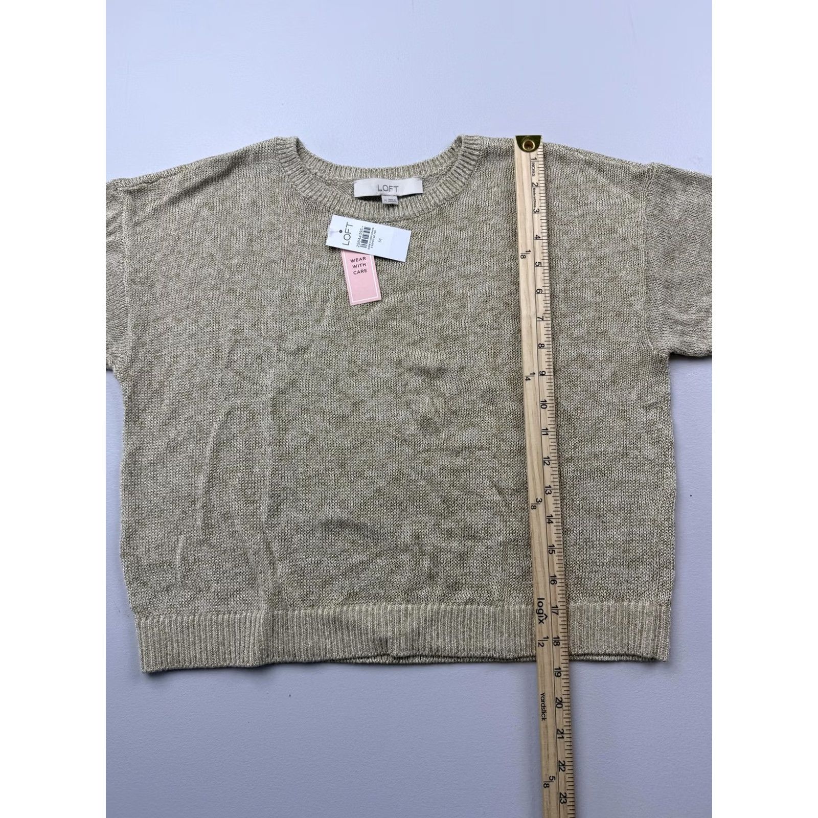 Loft LOFT Women’s Short Sleeve Beige Crew Neck Lightweight Metallic Knit Pullover Sweater M - Casual Spring Size M / US 6-8 / IT 42-44 - 5 Thumbnail