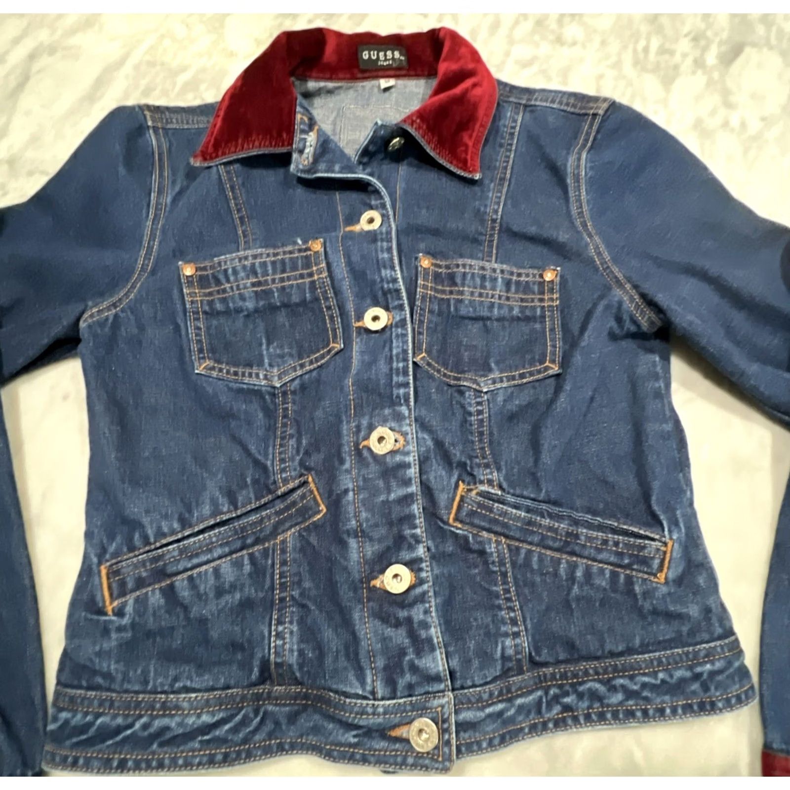 Guess VINTAGE Guess Glamour Denim Jacket Medium Red Velvet Trim Trucker USA Shirt Women's M 90s Biker Pockets Size M / US 6-8 / IT 42-44 - 3 Thumbnail