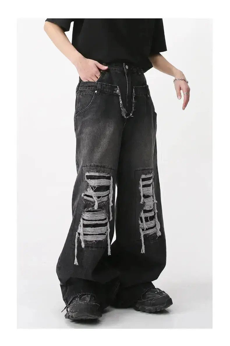 Japanese Brand Holey Baggy Retro Hip Hop Jeans Pants Y2k Casual Loose 90’s Size US 32 / EU 48 - 2 Thumbnail