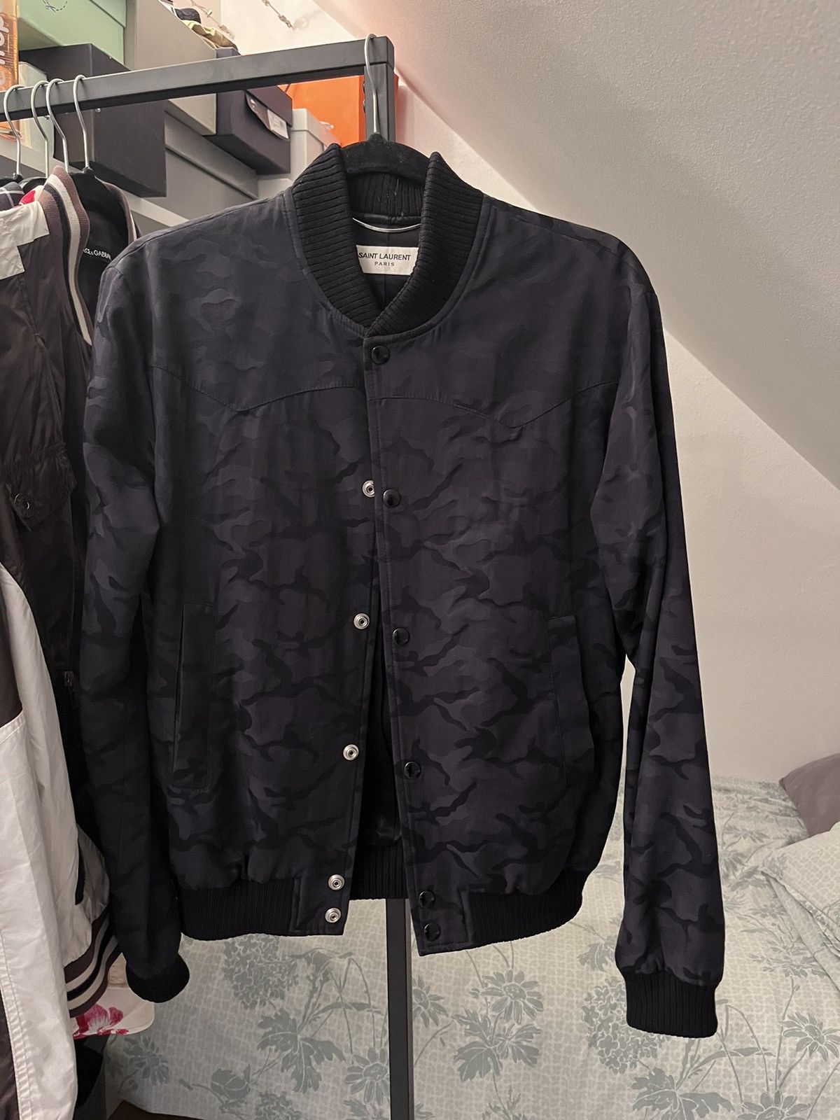 image of Saint Laurent Paris Saint Laurent 2016 Blue Camo Bomber Jacket in Dark Blue, Men's (Size Small)