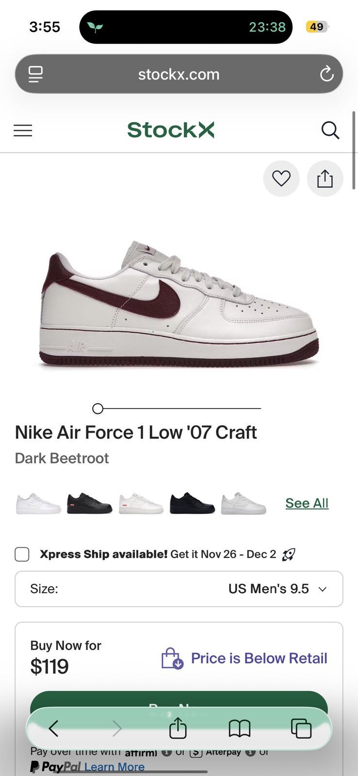 Nike Nike Air Force 1 Low ’07 Craft – Dark Beetroot Size US 9.5 / EU 42-43 - 7 Thumbnail