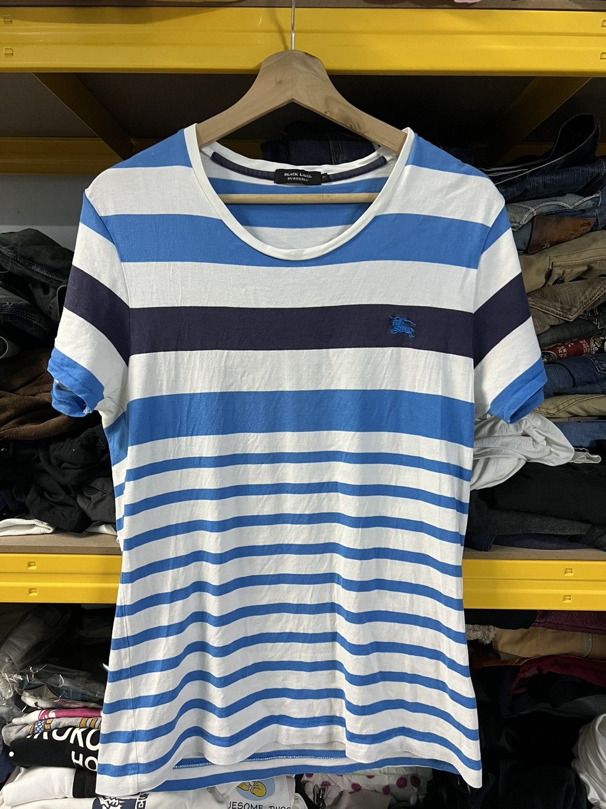 image of Burberry Black Label Stripe Tshirt in Blue, Men's (Size Small)