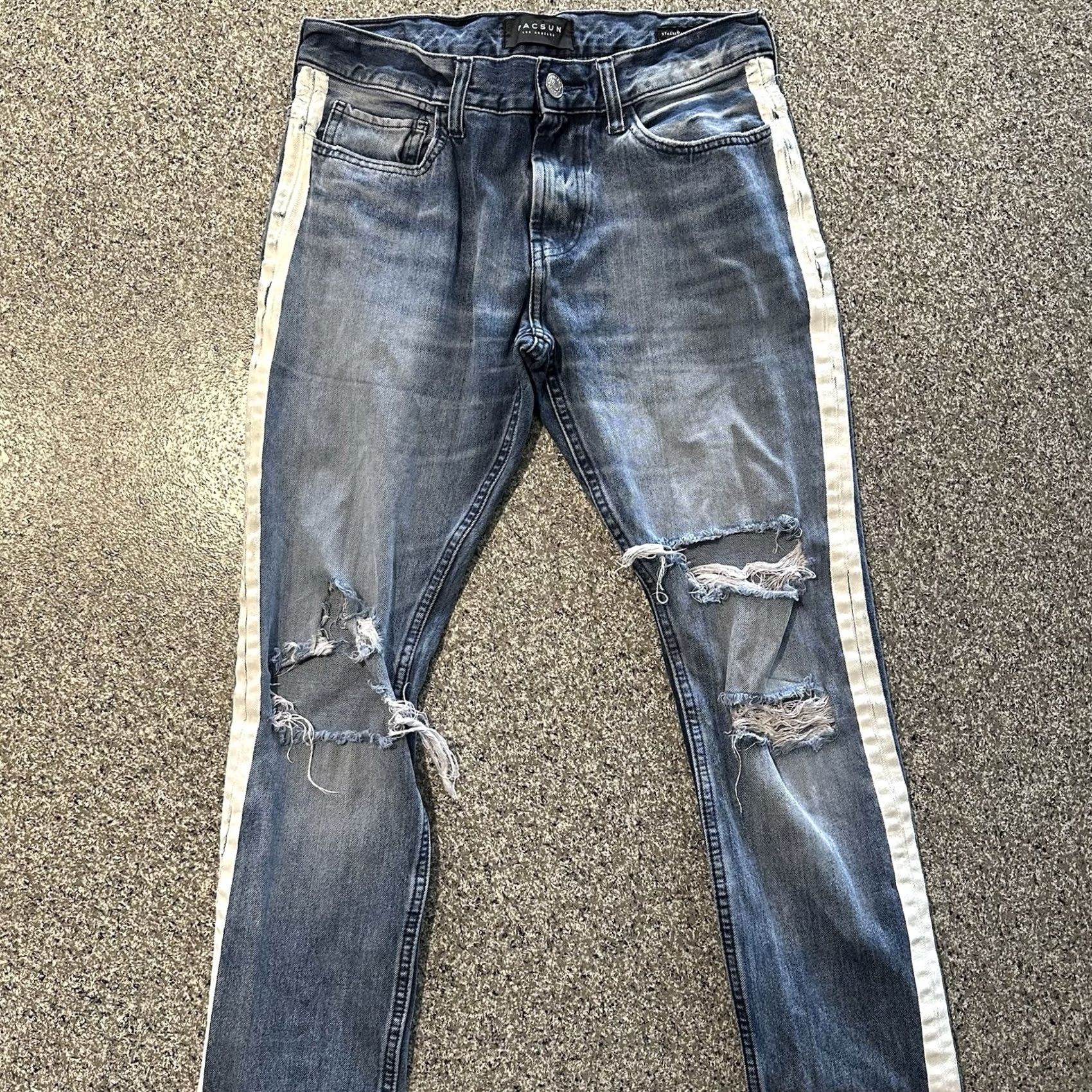 Pacsun Pacsun Stacked Skinny Jeans Side Stripe Stretch Men's 31 x 32 Distressed Denim Blue 98% Cotton 2% Spandex Slim Stretch Jeans Mens XS? Size US 31 - 3 Thumbnail