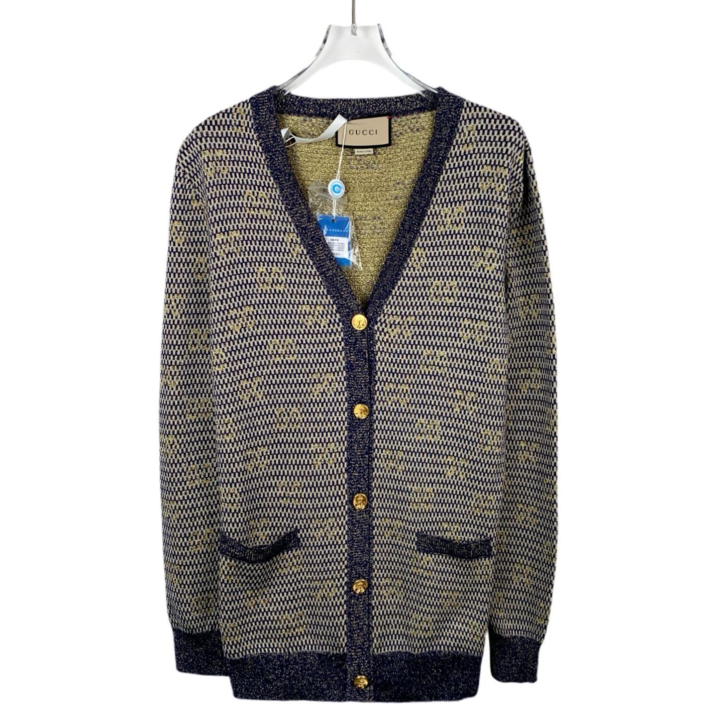 Gucci Gucci Blue Wool Knit Cardigan with Gold Thread Accents (Size Size S / US 4 / IT 40 - 1 Thumbnail