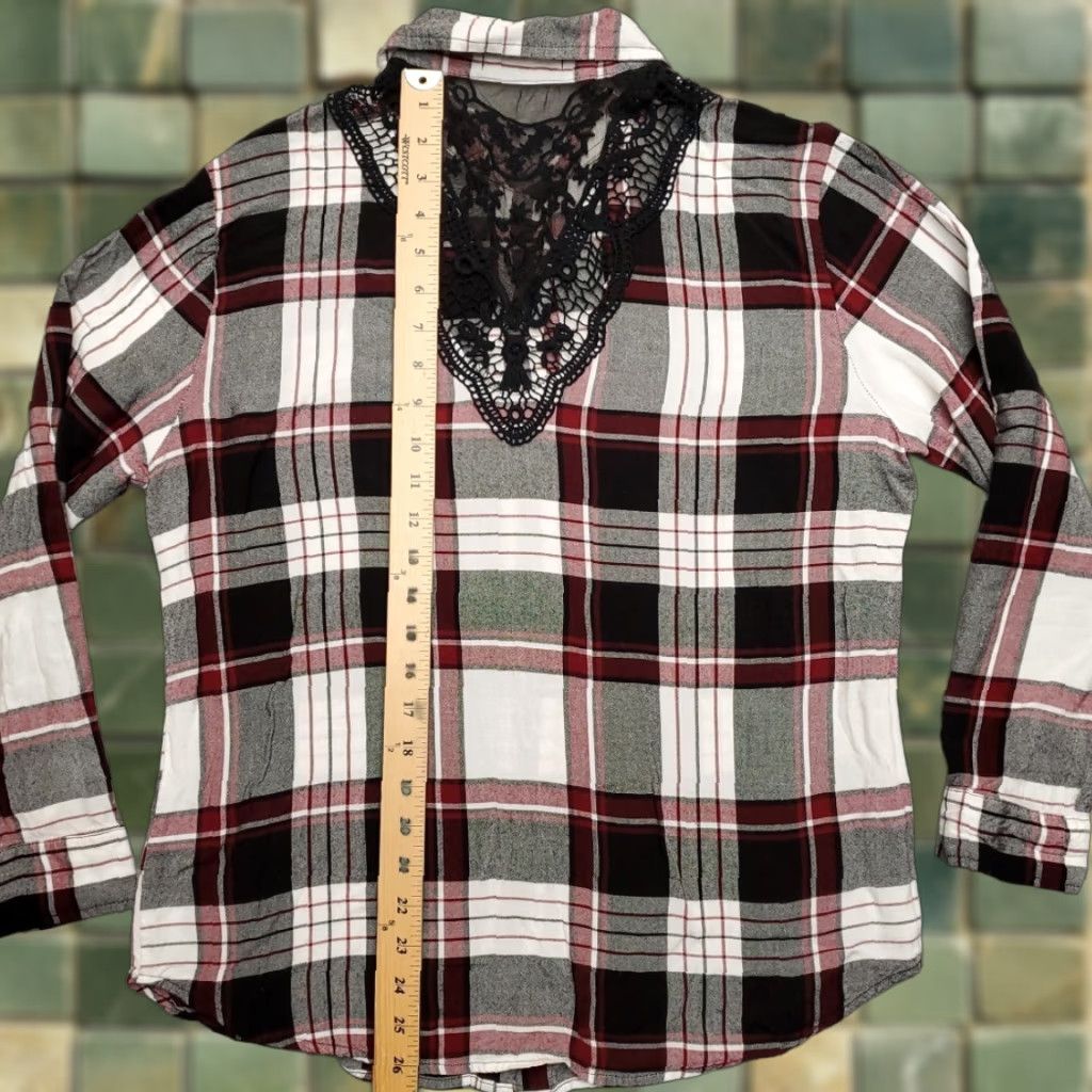 Vintage Keren Hart Blouse Womens M Maroon Plaid Lace Accent Button-Up Boho Western Shirt Size M / US 6-8 / IT 42-44 - 1 Thumbnail