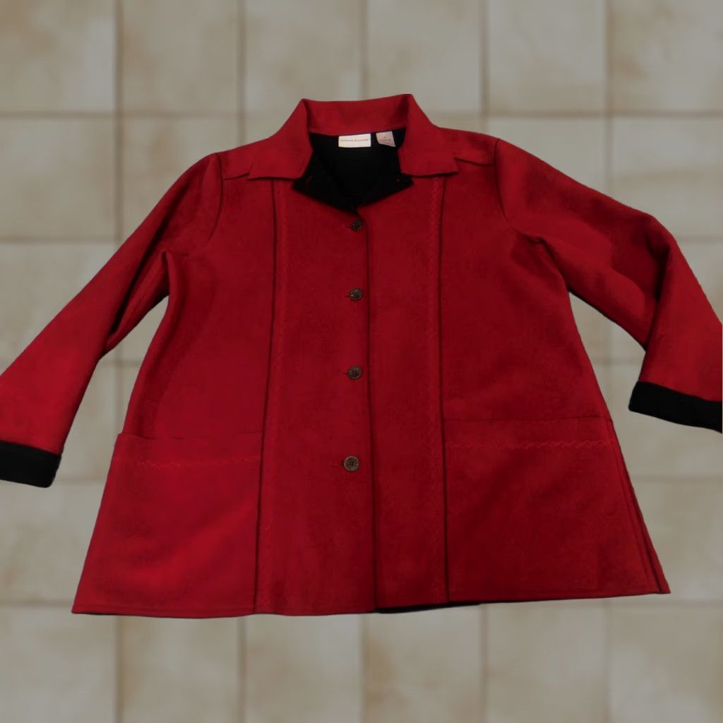 Vintage Alfred Dunner Jacket Red Trench Coat Womens Size 10 Long Sleeve Button Collared Solid Knit Polyester Designer Fall Spring Size L / US 10 / IT 46 - 1 Thumbnail