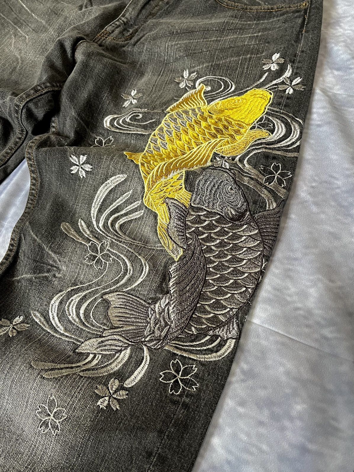 Japan Blue Japan Blue Y2K 2000s Jeans – Yellow Koi Fish Embroidery Size US 34 / EU 50 - 4 Thumbnail