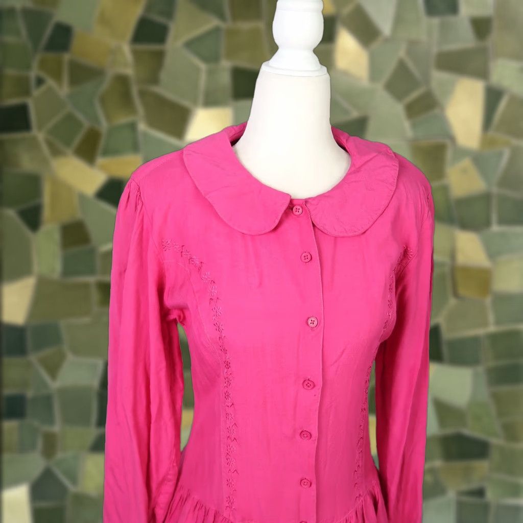 Vintage VINTAGE Passports Dress Collared Midi A-Line Drop Waist Hot Pink Long Sleeve Rayon 80s L Womens Size L / US 10 / IT 46 - 1 Thumbnail