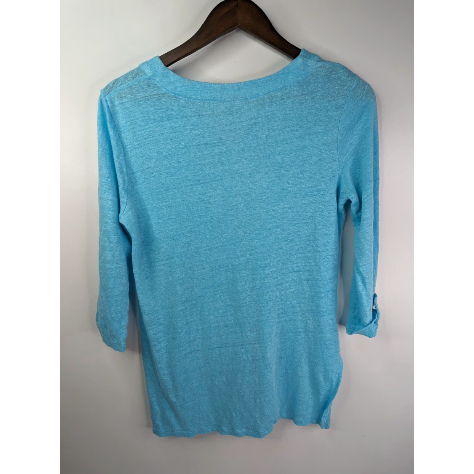 Vintage Chico's Tunic Shirt Blue 100% Linen Knit V-Neck 3/4 Sleeve Roll Tab Breathable Lightweight Womens Regular Size S Size S / US 4 / IT 40 - 3 Thumbnail