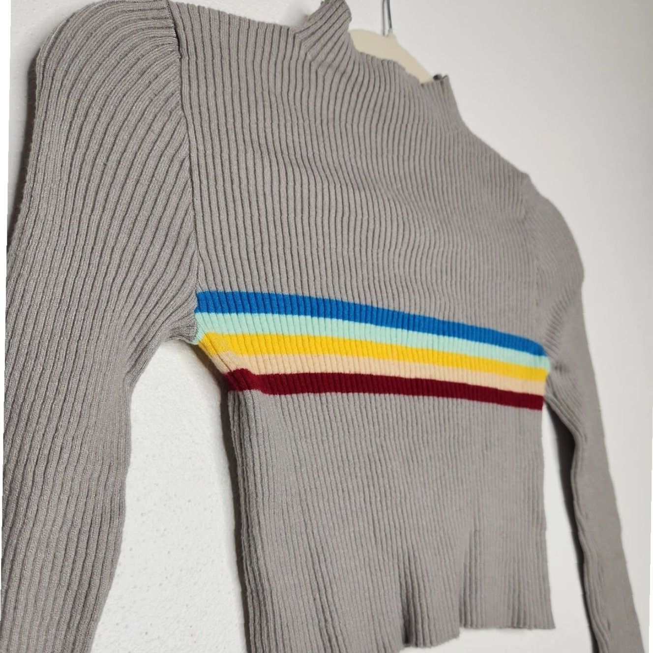 Rainbow VINTAGE Ethos Shirt Womens M Gray y2k Ribbed Cropped Rainbow Mock Neck Long Sleeve Size M / US 6-8 / IT 42-44 - 3 Thumbnail