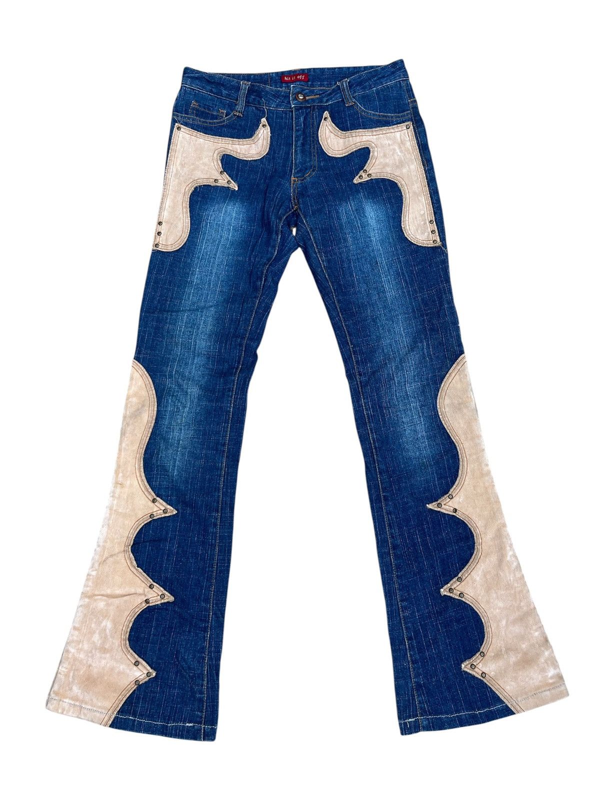 Japanese Brand 💥 LEATHER PATCHWORK FLARED 💥 HIT IT OFF Jeans Size US 27 - 1 Thumbnail
