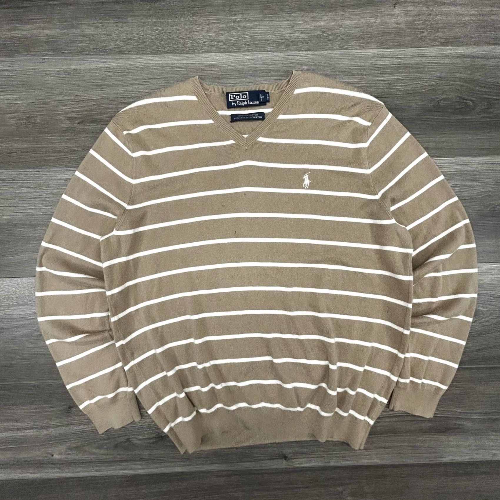 Polo Ralph Lauren VINTAGE Polo Ralph Lauren Sweater Mens Large Beige Striped V Neck 100% Pima Cotton Pullover Knit Logo Embroidered Chest Womens? Mens Size US L / EU 52-54 / 3 - 2 Thumbnail