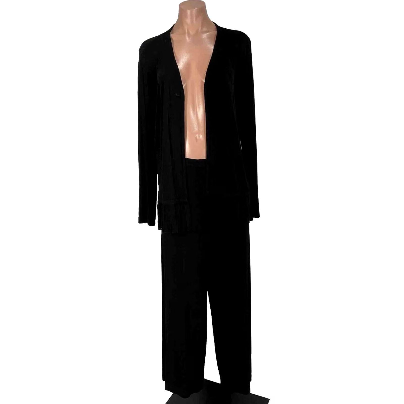Vintage VINTAGE Chico's Travelers Set Slinky Cardigan Jacket Pants 2/L Fringe Open Front USA MADE Women Set/Outfit/2 Piece Black Knit Size L / US 10 / IT 46 - 2 Thumbnail