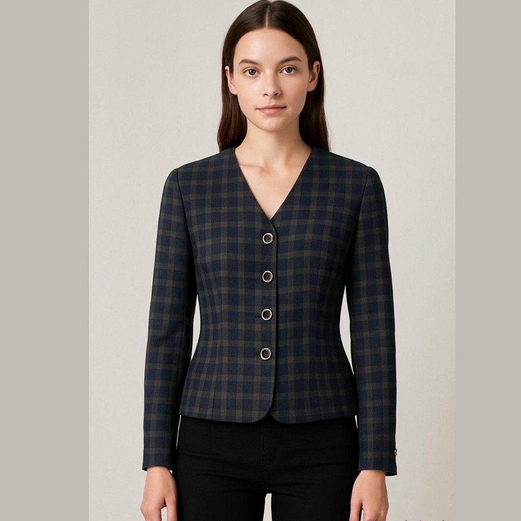 Vintage Vintage 100% Wool Navy Plaid Tailored Short Jacket US S Size S / US 4 / IT 40 - 1 Thumbnail