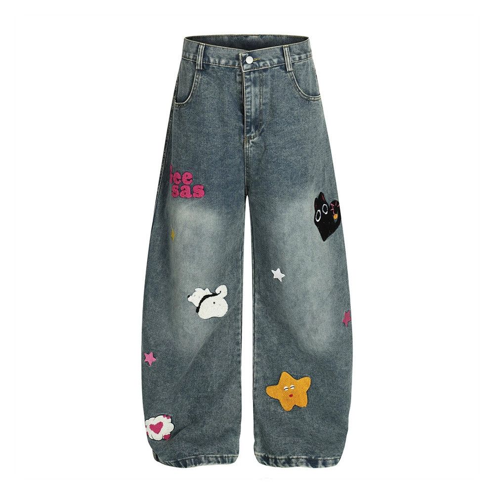 Jean Men's distressed cartoon embroidered washed scimitar jeans Size US 32 / EU 48 - 1 Thumbnail