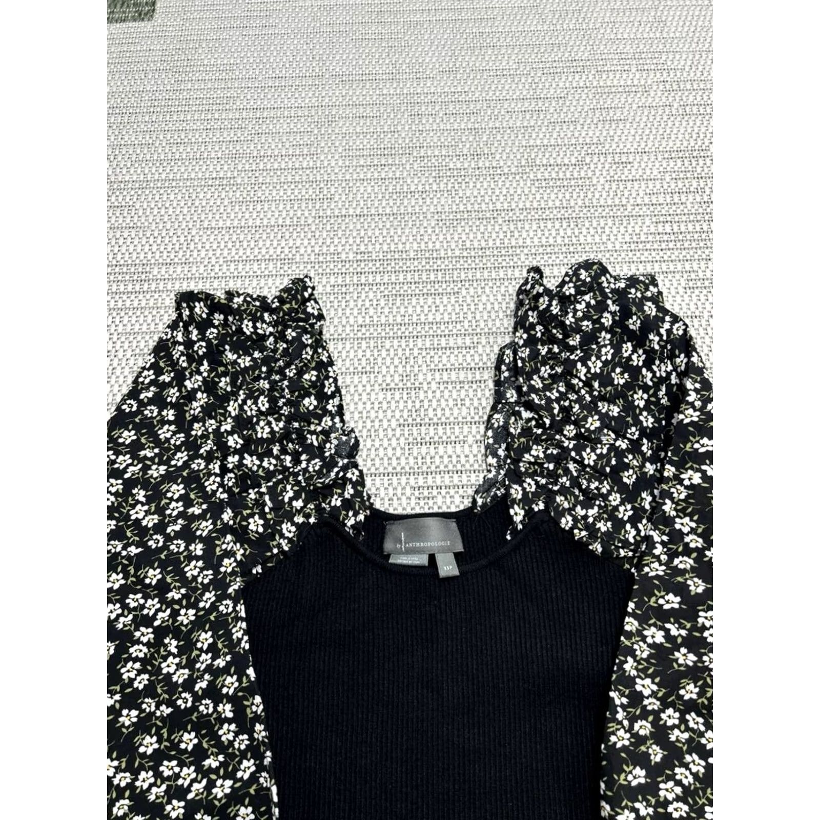 Anthropologie Anthropologie Sweater Womens PXS Black Woven Ruffle Sleeve Ditsy Floral Ribbed Size XS / US 0-2 / IT 36-38 - 3 Thumbnail
