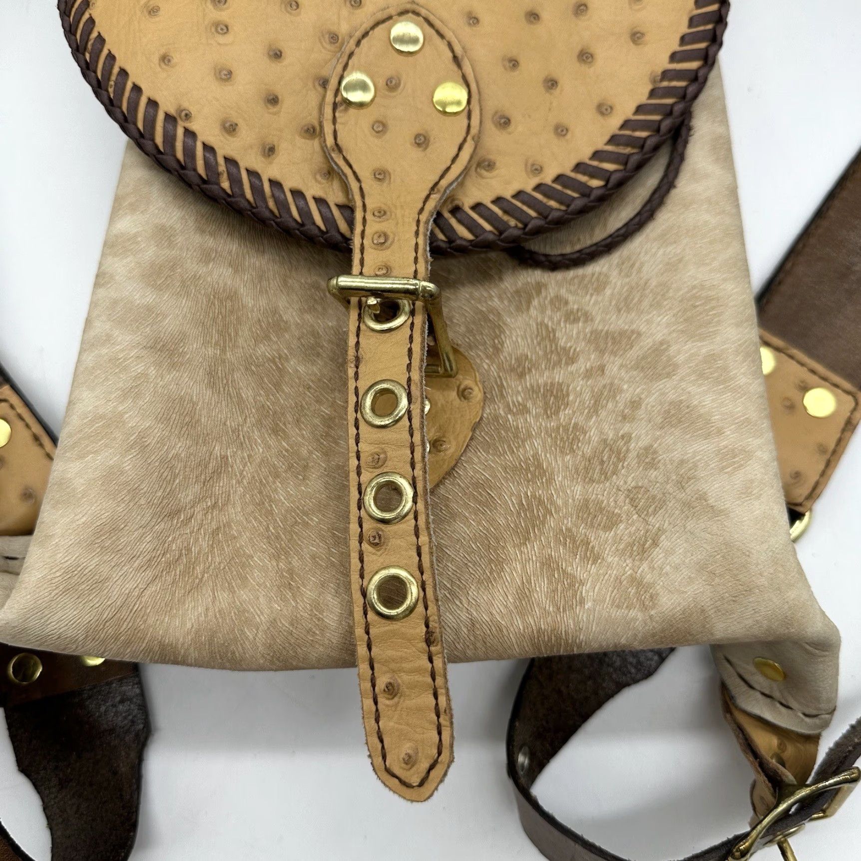Skin Womens Backpack Orange Tan Ostrich Leather Small Drawstring Cowgirl Stitch Leather BackPack Womens Size ONE SIZE - 3 Thumbnail