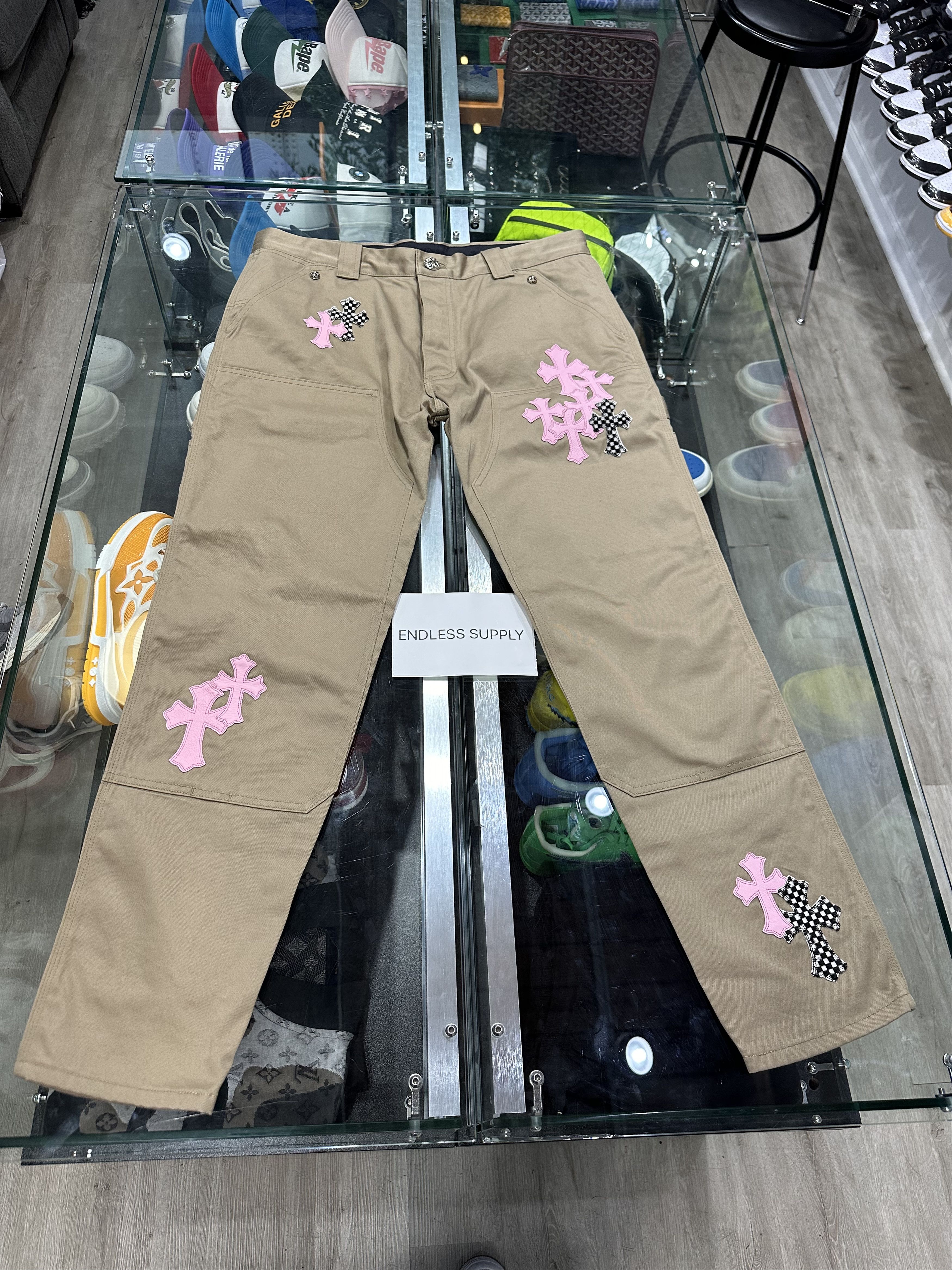 Chrome Hearts Pink & Checkered Cross Patch Fleurknee Jeans