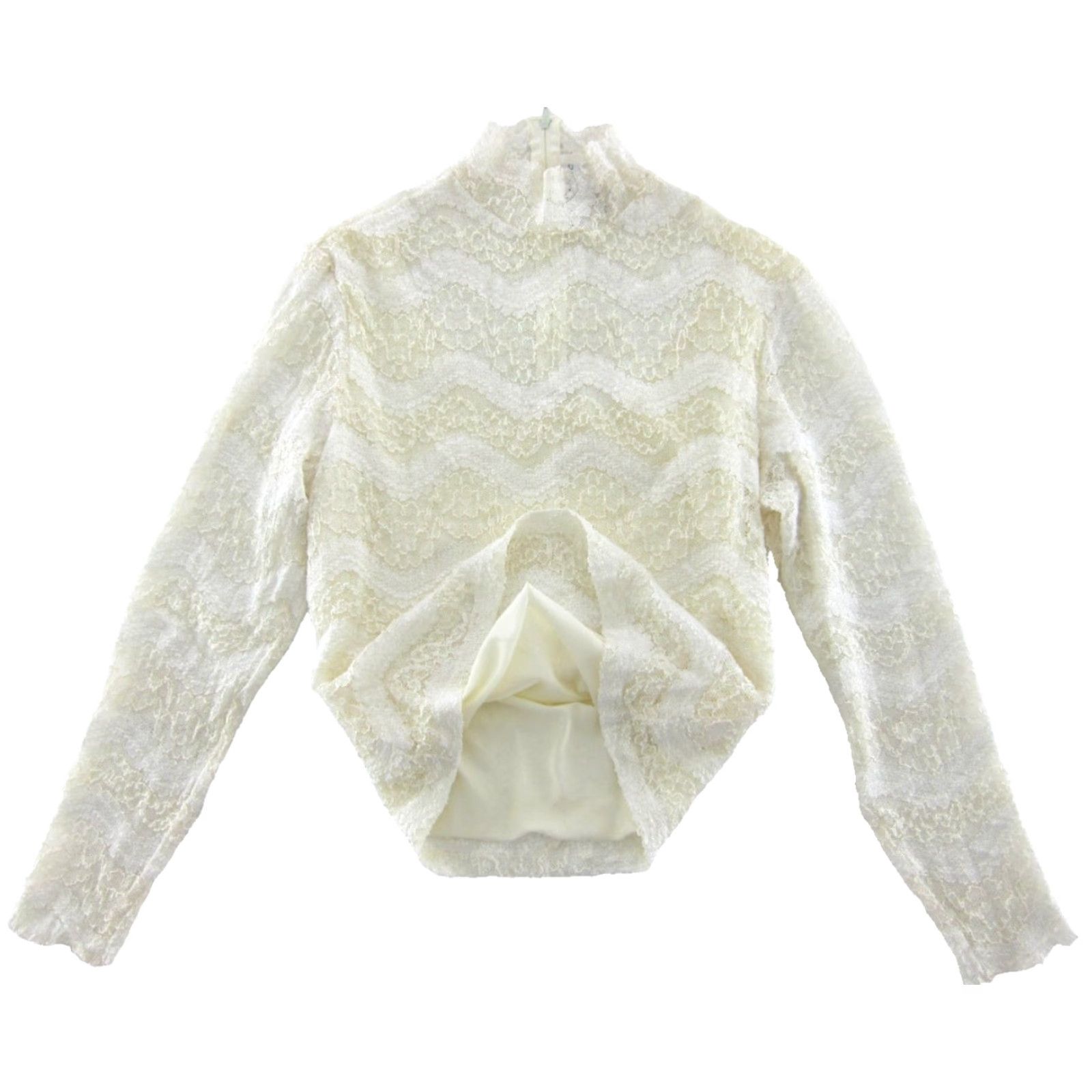 Celine VINTAGE Kay Celine Blouse Womens 4 Small Ivory Lace Stretch Mock Neck Long Sleeve Size S / US 4 / IT 40 - 5 Thumbnail