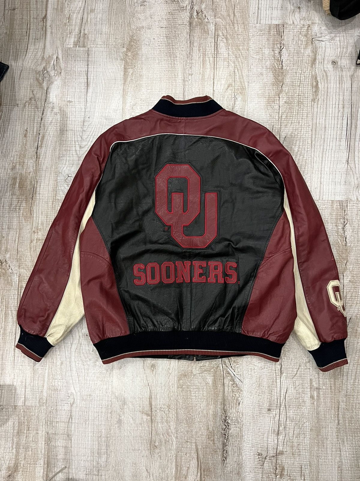 Image of Bomber Jacket x Leather Jacket Vintage Leather Jacket Sooners Oklahoma 58Sports in Black (Size XL)