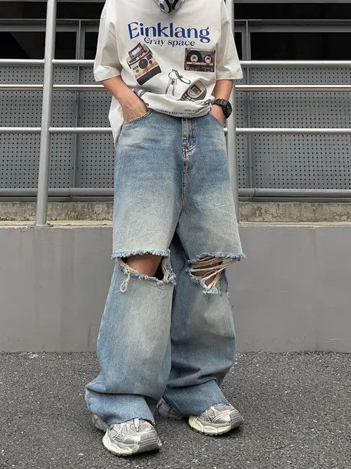 VIBE Trendy Ripped Distressed Baggy Jeans Size US 34 / EU 50 - 2 Thumbnail