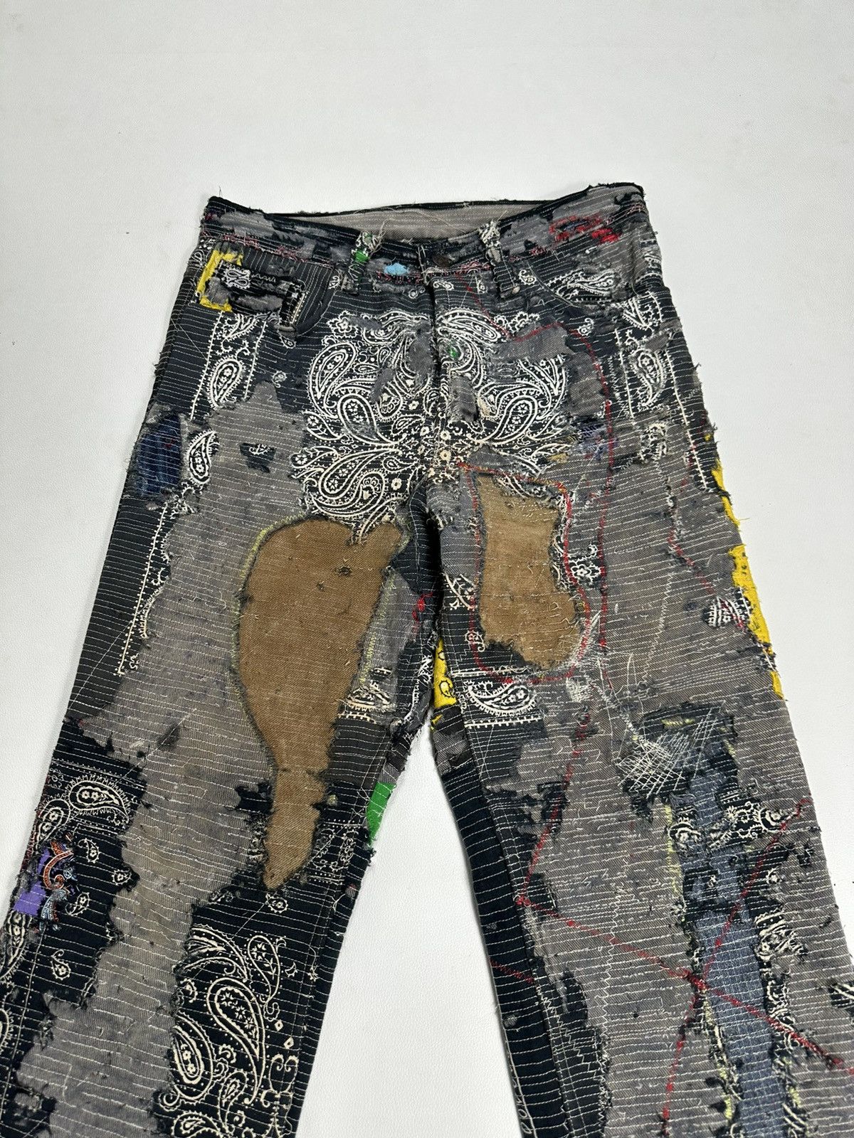 Handmade Custom Made Distressed Paisley Patchwork hemless Jeans pants Size US 30 / EU 46 - 2 Thumbnail