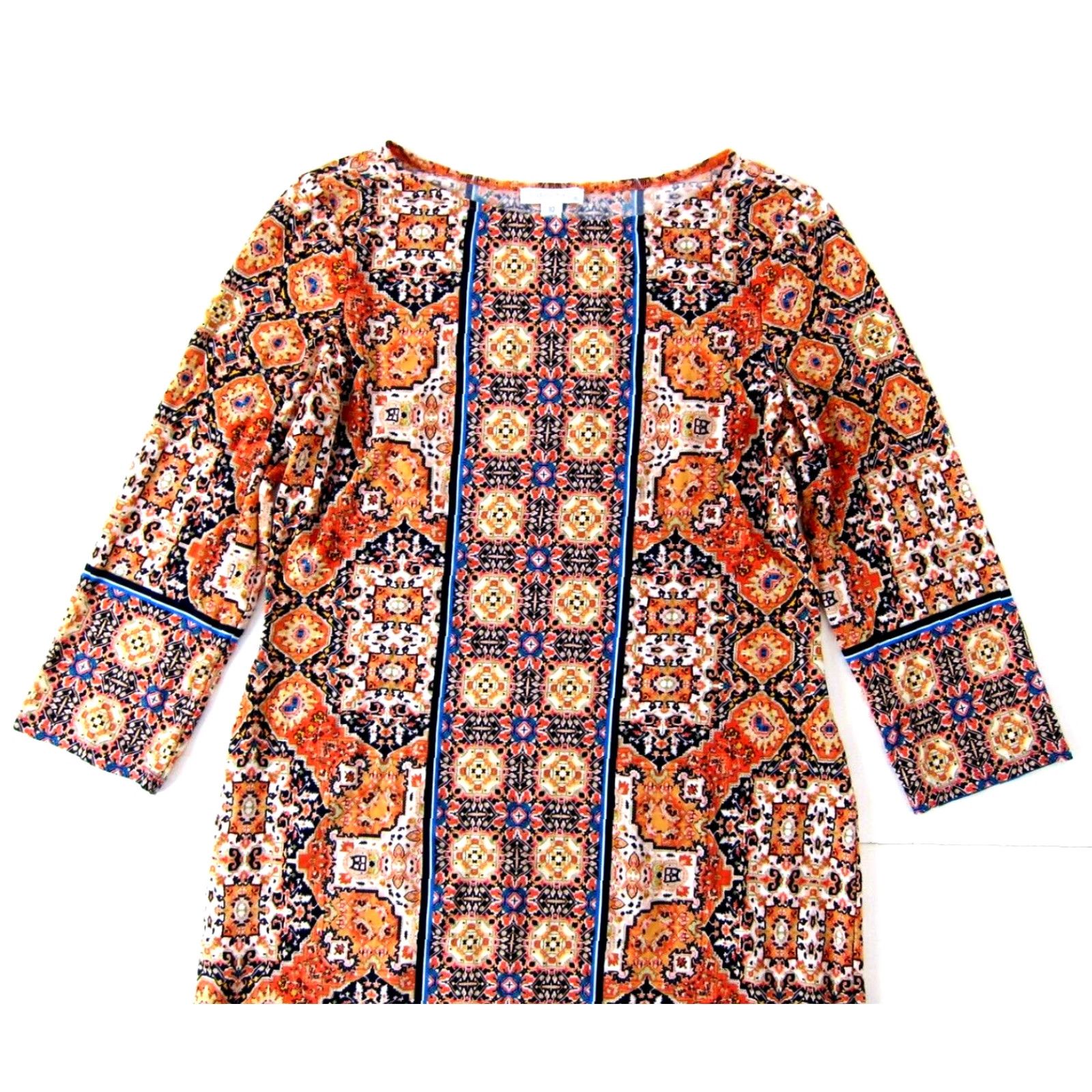 Vintage VINTAGE London Times Orange Blue Black Geo Floral Stretch 3/4 Sleeve Shift Dress 10 Size L / US 10 / IT 46 - 4 Thumbnail