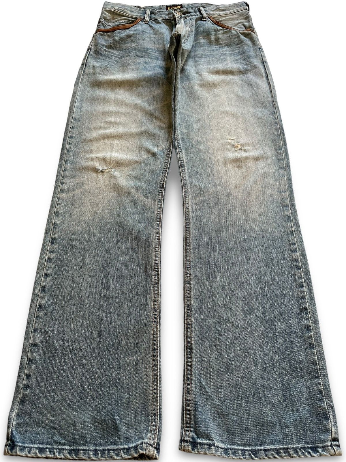 Image of Distressed Denim x Edwin Vintage Japan Edwin Blue Trip Distressed Flare Style Jeans, Men's (Size 31