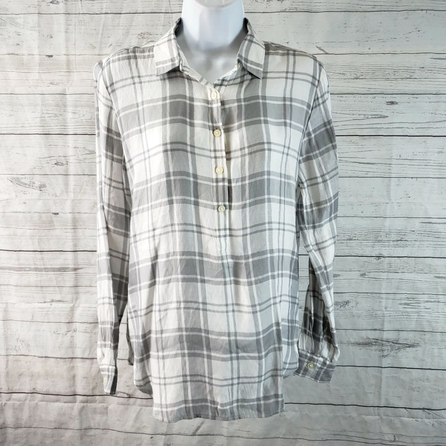 Ann Taylor Ann Taylor LOFT Shirt Adult Small Gray White Plaid Rayon Womens Size S / US 4 / IT 40 - 2 Thumbnail