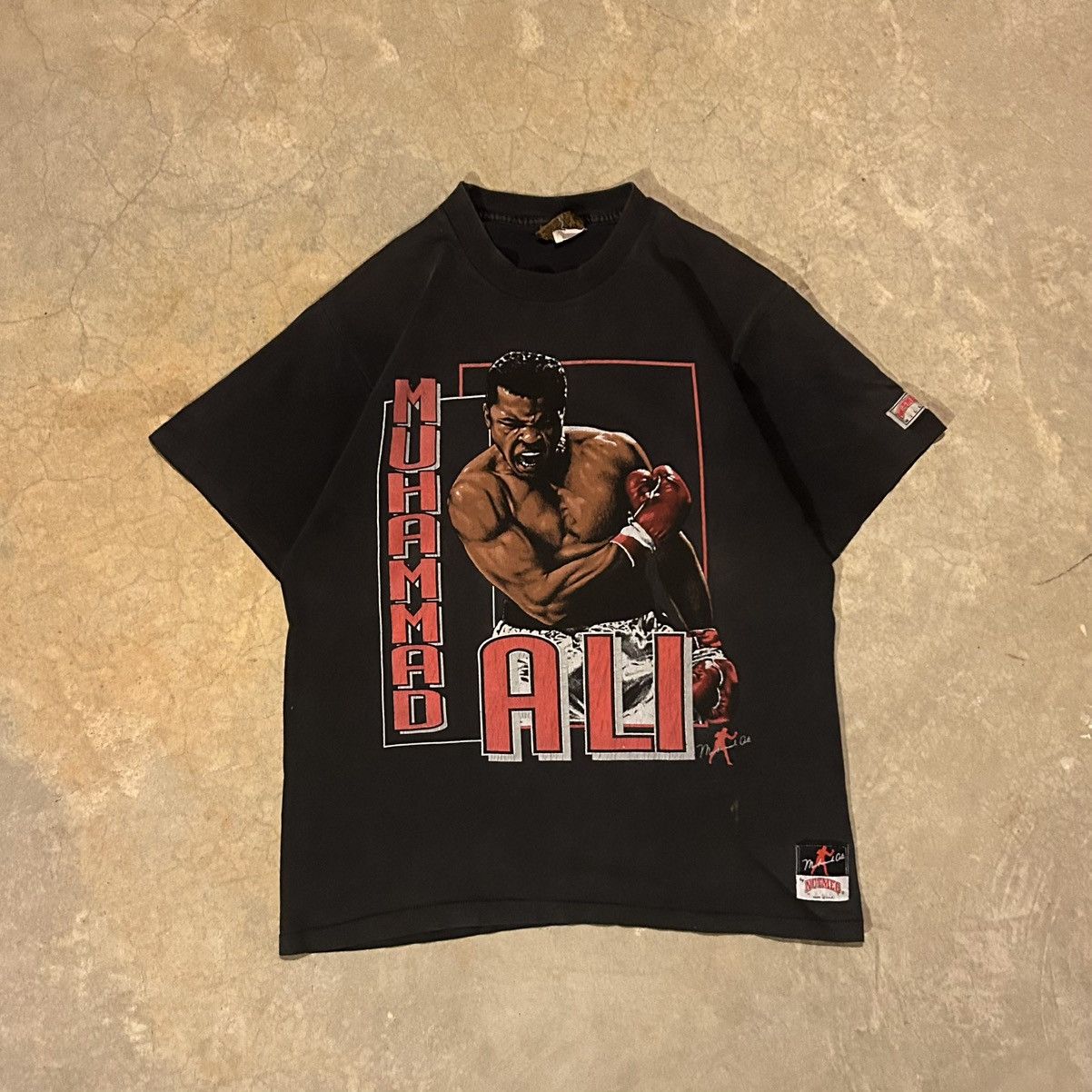 image of Crazy Vintage 90's Muhammad Ali Nutmeg Faded Boxing Tee in Black, Men's (Size Medium)
