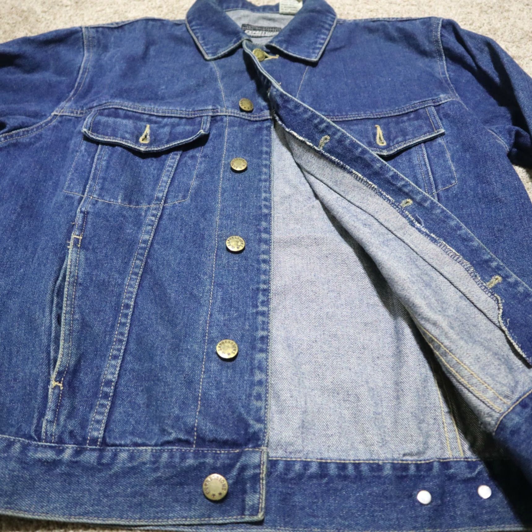 Vintage Expressions Denim Jacket Blue Jean Button Down Two Breast Pockets Leather Collar & Accents Mens Size M Vintage Classic Jean Jacket Size US 31 - 2 Thumbnail