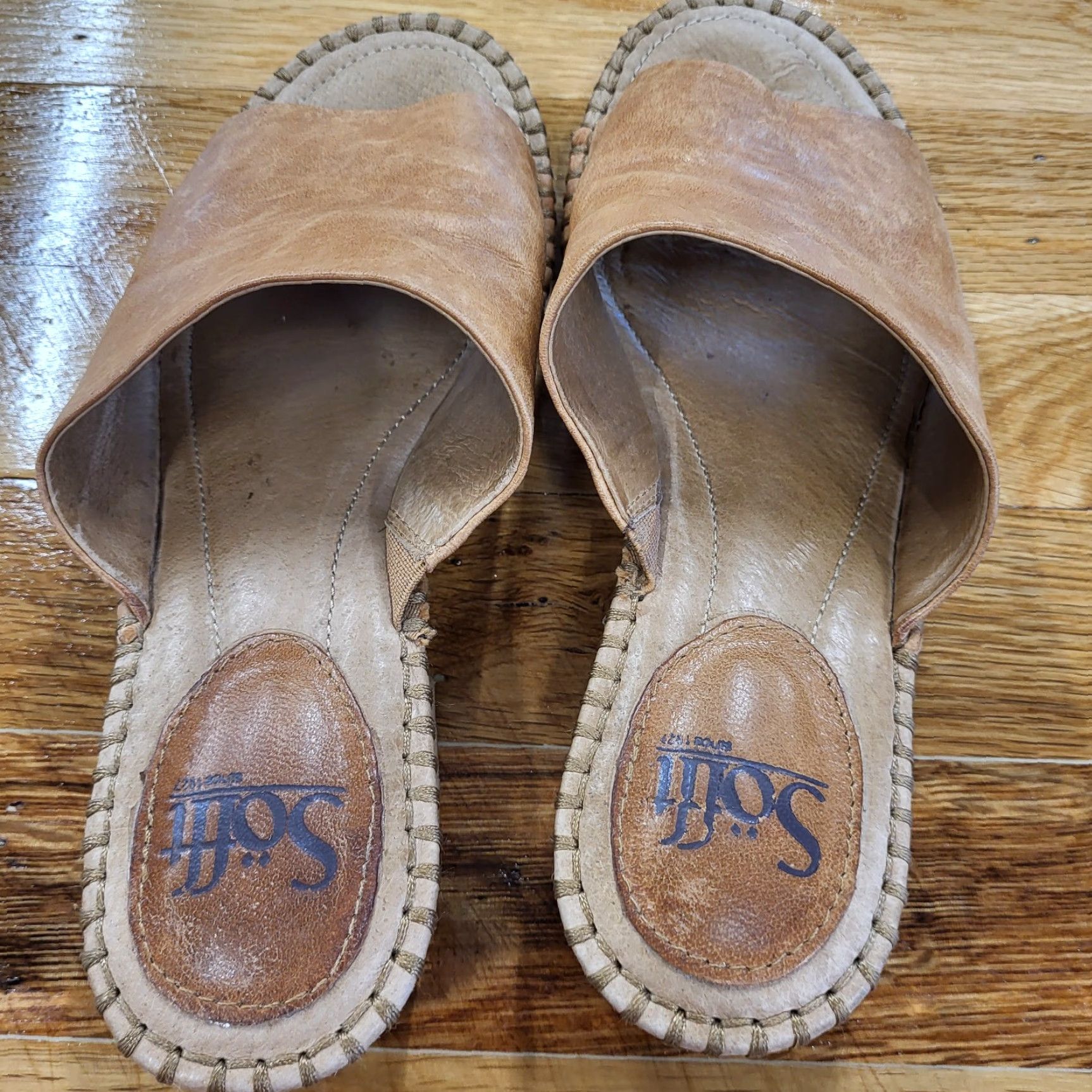 Vintage Sofft Nalanie Sandals Womens Size 6.5M Slides Leather Khaki Upper Tan Lining Leather Insole Casual Size US 7 / IT 37 - 2 Thumbnail