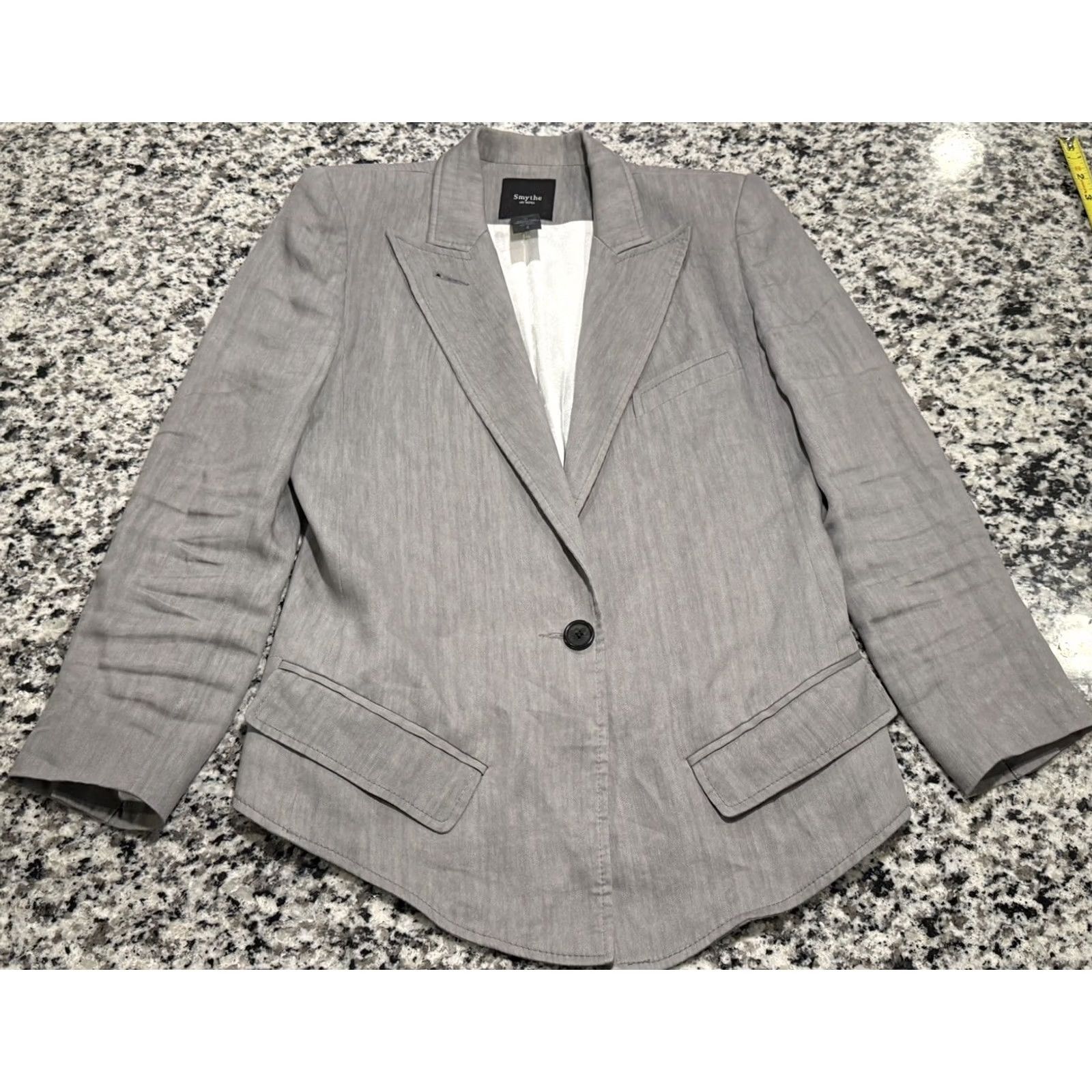 SMYTHE Smythe Blazer Jacket Womens Size 4 Gray Linen Blend Sharp Shoulder One Button Surgeon Cuffs Size S / US 4 / IT 40 - 4 Thumbnail