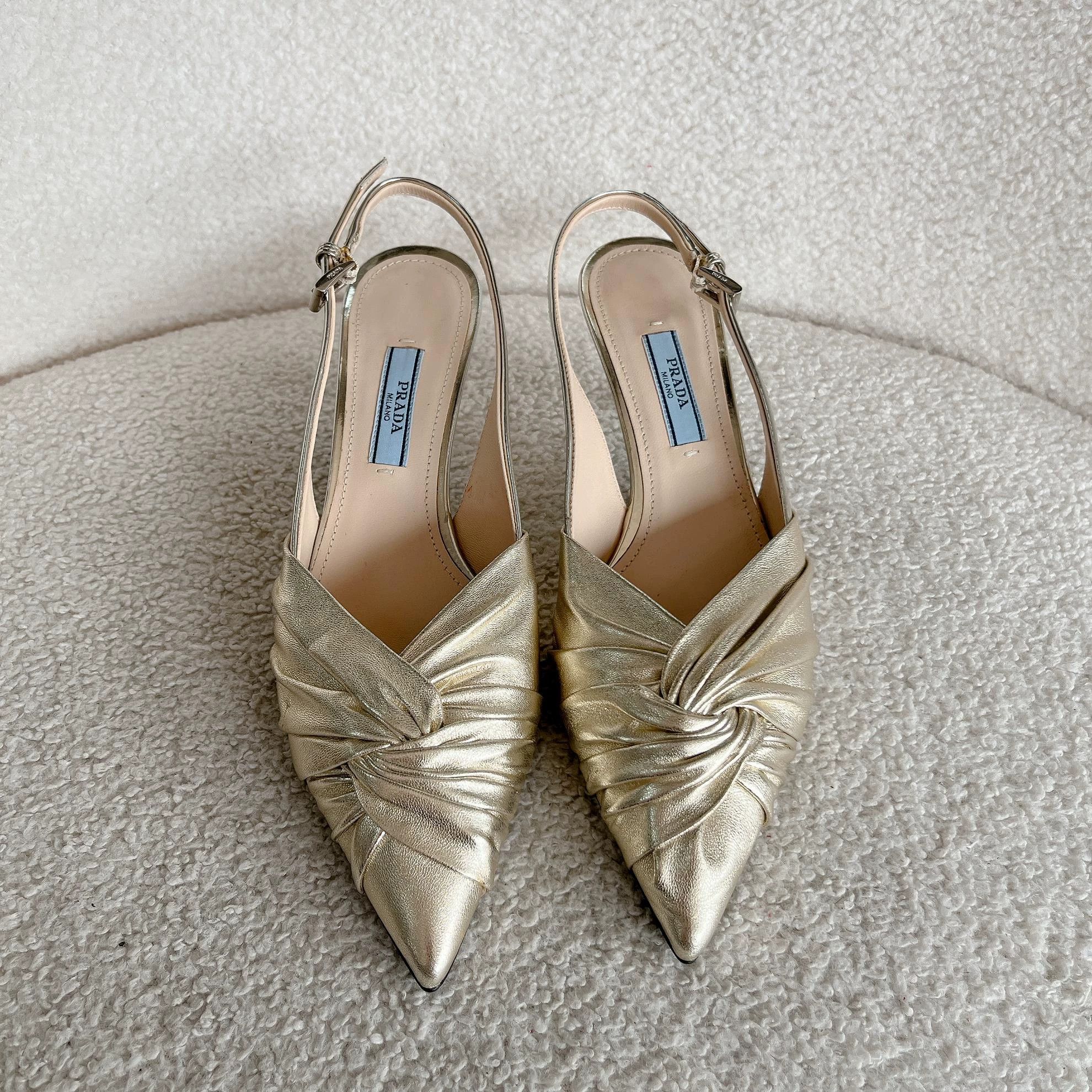 Prada Prada Gold Pointed Toe Heels 35.5 8381 Size US 5 / IT 35 - 2 Thumbnail