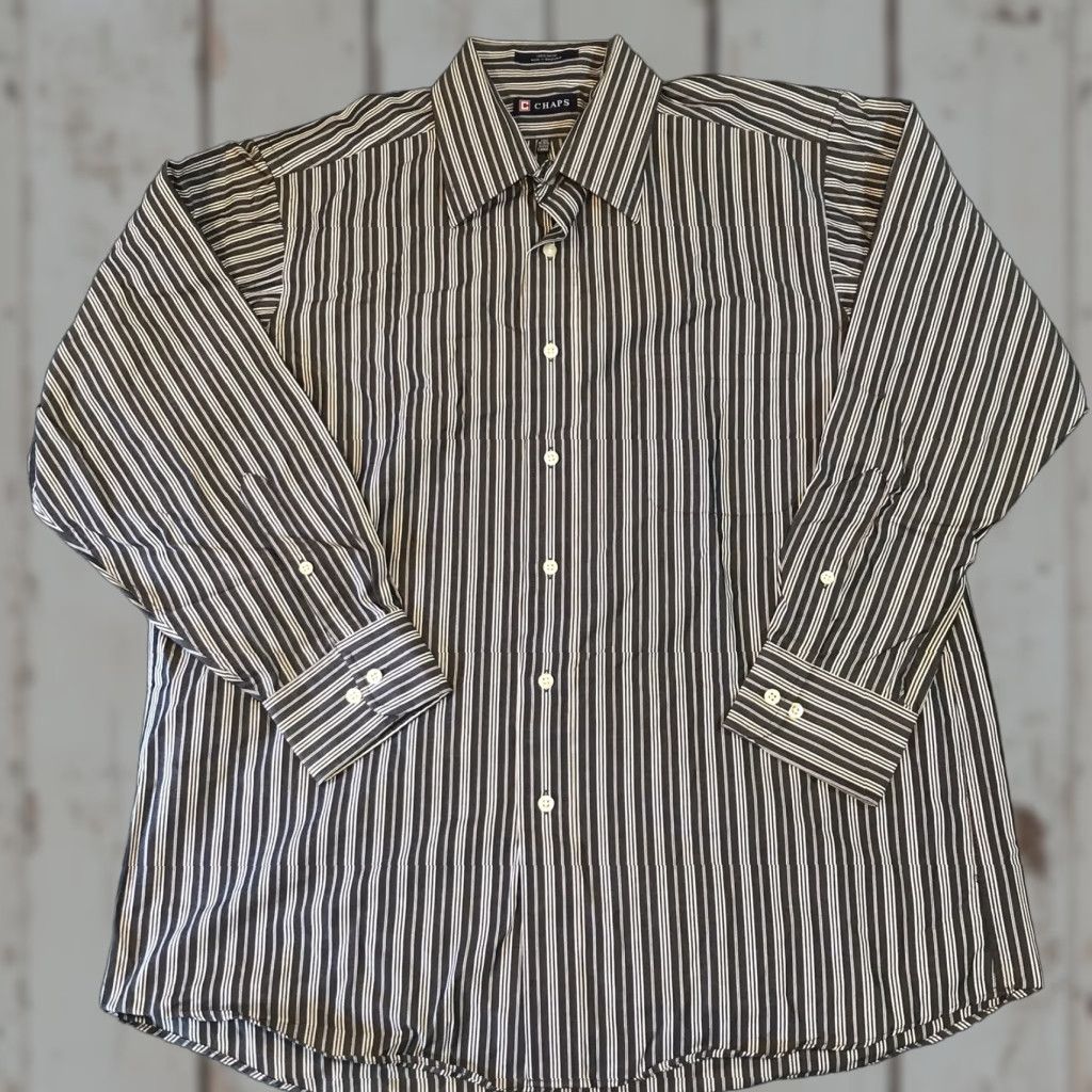 Chaps Chaps Men's Dress Shirt White Striped Button-Up Long Sleeve Size L Business Casual Formal Size 42R - 1 Thumbnail