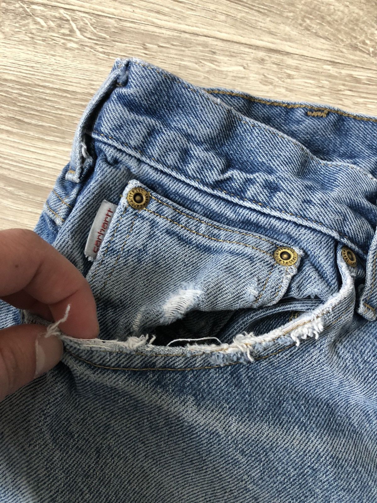 Carhartt × Carhartt Wip × Vintage Vintage Carhartt Thrashed Distressed Light Wash Denim Jeans Size US 36 / EU 52 - 12 Thumbnail