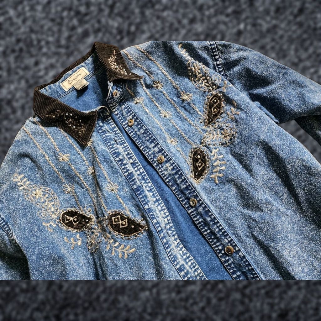 Vintage VINTAGE 80s Womens 2X Embroidered Acid Wash Jeans Denim Work Shirt Paisley Size XXL / US 16-18 / IT 52-54 - 1 Thumbnail
