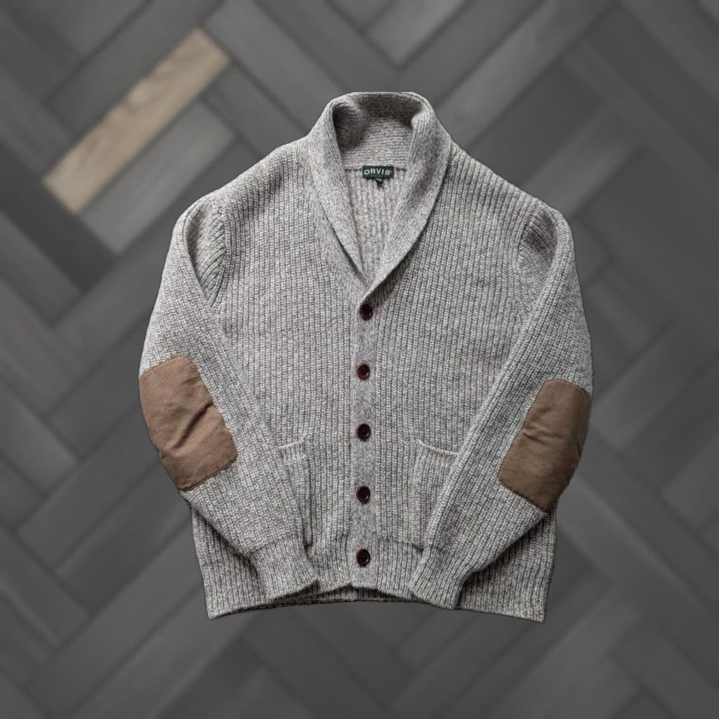 Orvis VINTAGE ORVIS chunky knit WOOL cardigan Sweater L Tan Gray Mens - Men's Wool Cardigan with Leather Patch, Long Sleeve Size US L / EU 52-54 / 3 - 1 Thumbnail
