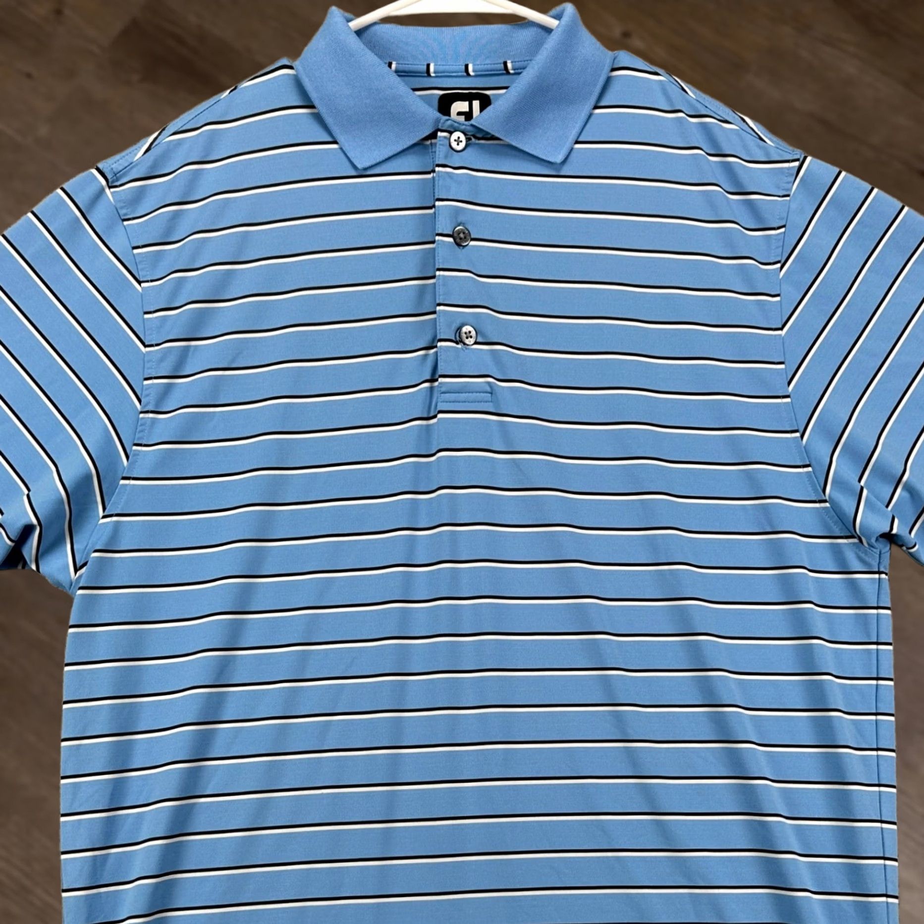Footjoy FootJoy Mens Polo Shirt Golf Short Sleeve Blue Striped Stretch Rugby Double Striped FJ M Size US M / EU 48-50 / 2 - 1 Thumbnail