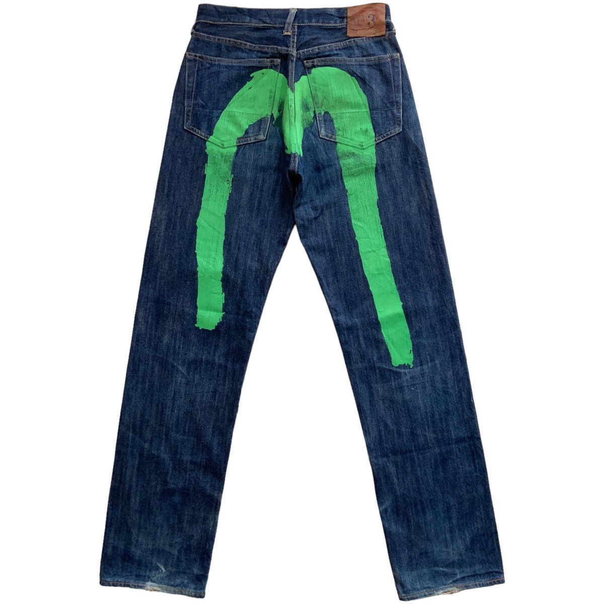 Y2K EVISU BRUSHSTROKES DAICOCK GREEN SELVEDGE JEANS