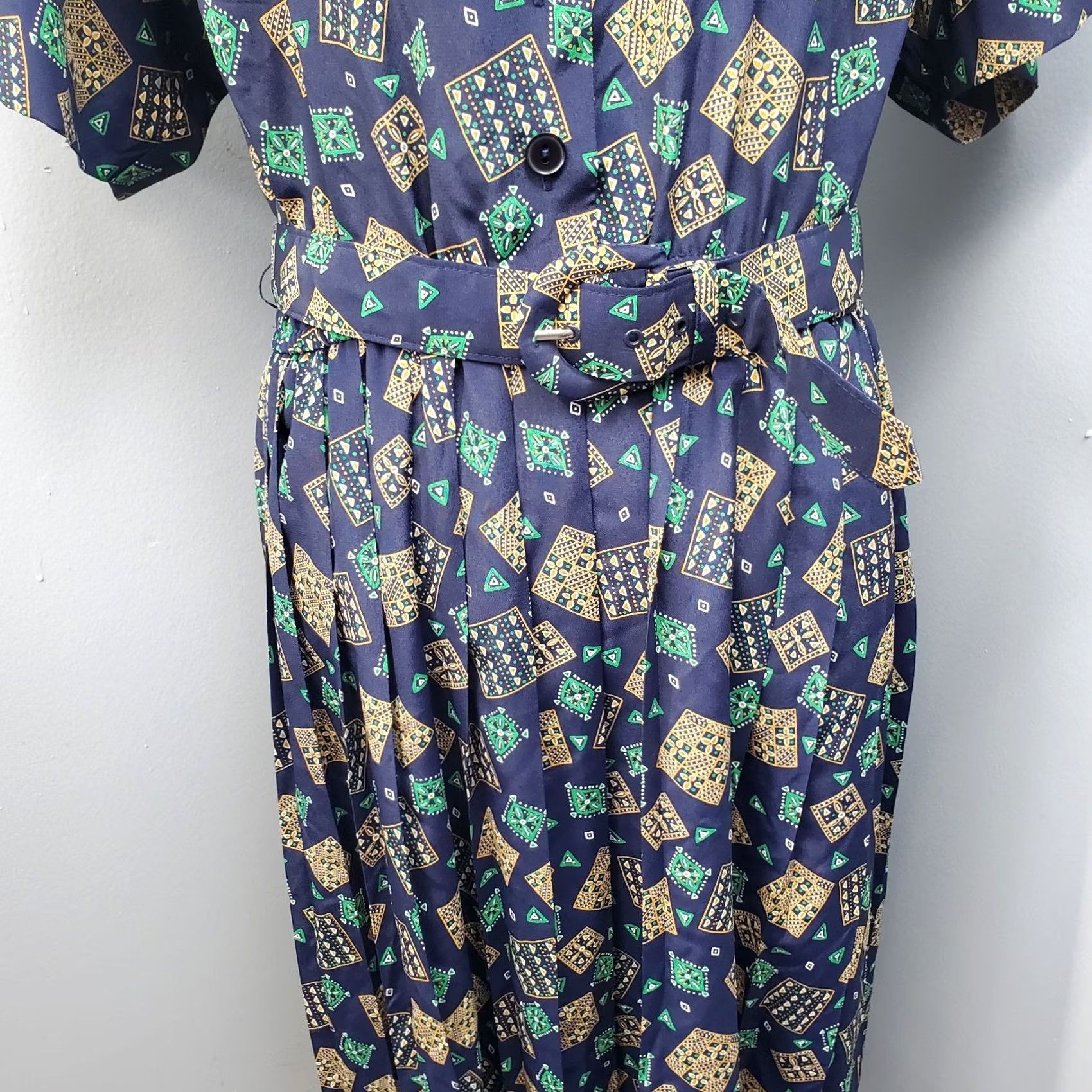 Vintage Leslie Fay Peggy Swing Dress Womens 18P Multi Geo Print Pleated Belted Waist Dress Size XXL / US 16-18 / IT 52-54 - 5 Thumbnail