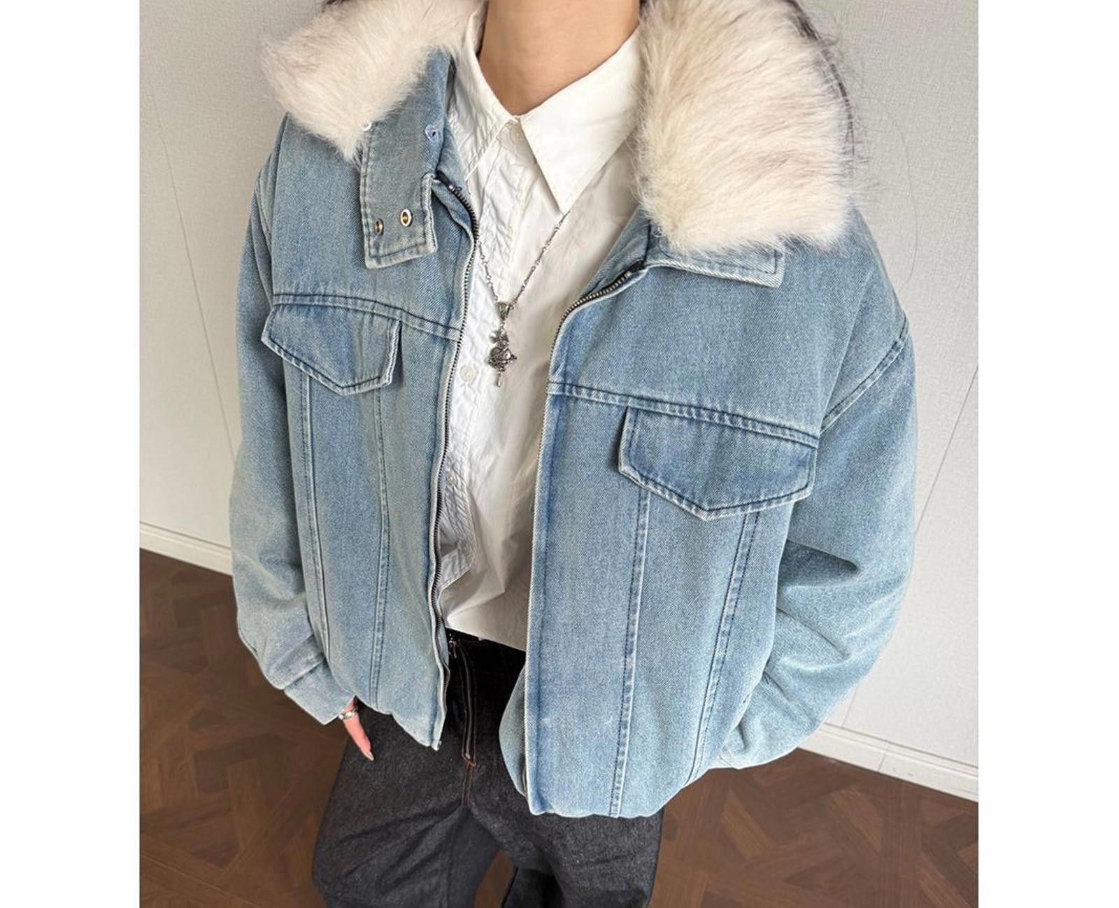 Vintage Light Blue Faux Fur Collar Denim Jacket, Relaxed Fit Size US M / EU 48-50 / 2 - 1 Thumbnail
