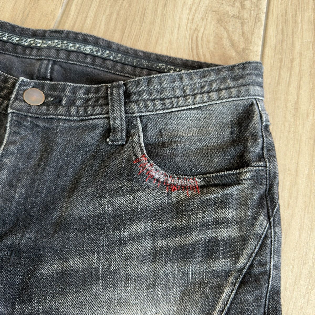 Number (N)ine Washed Black Distressed Repaired Red Stitch Denim Jeans Size US 31 - 6 Thumbnail