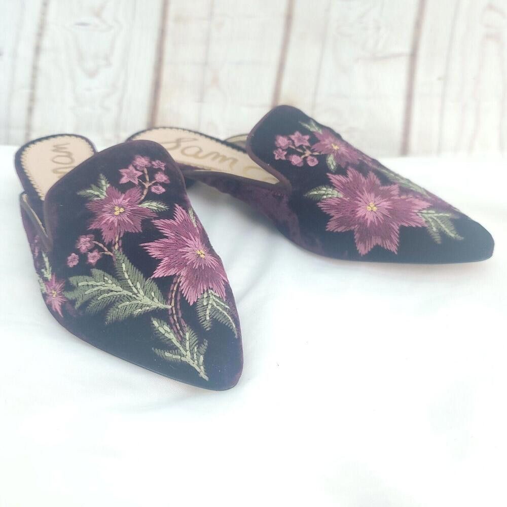 Designer Sam Edelman Black Pink Floral Bordeaux Velvet Size 7 Mules Size US 7 / IT 37 - 1 Thumbnail